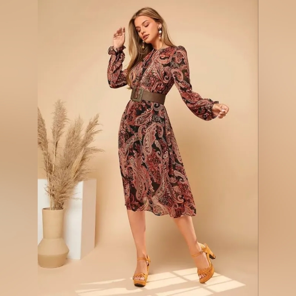 Shein Rust & Black Paisley Midi-Dress, Wide Belt, Bishop Sleeves Sz 12,XL, NWOT